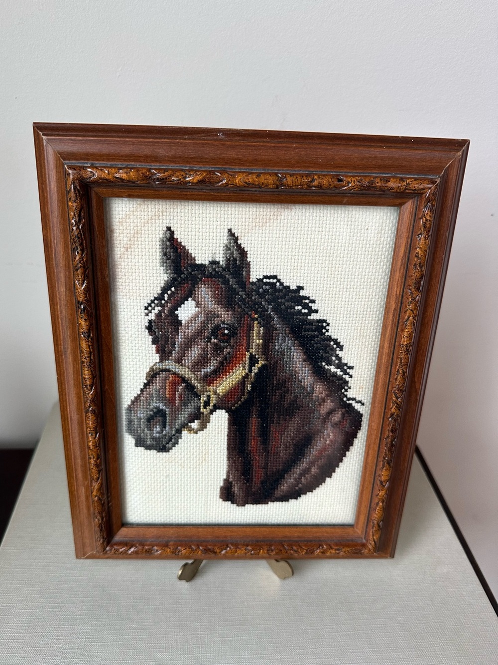 Vintage Framed Horse Needlepoint Wall Art Equestrian Needlework Folk Art Decor - Picture 2 of 8